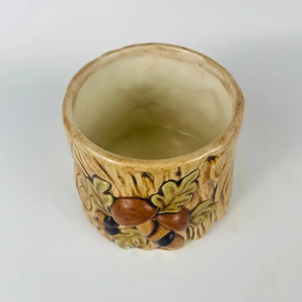 Lefton Mushroom Forest Ceramic Sugar Bowl Jar 3D Stump Design Acorns